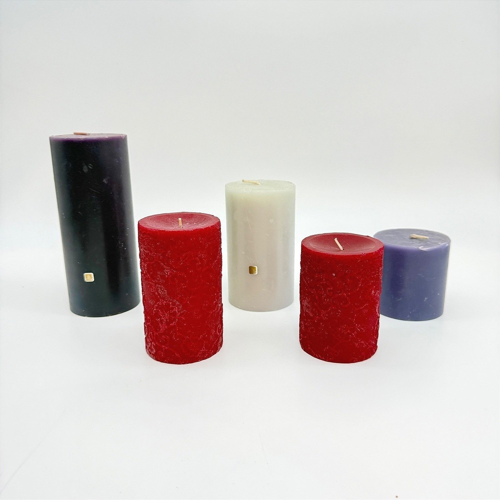 Lot of 5 Pillar Candles 3 PartyLite Black Orchid + 2 Red Floral Textured